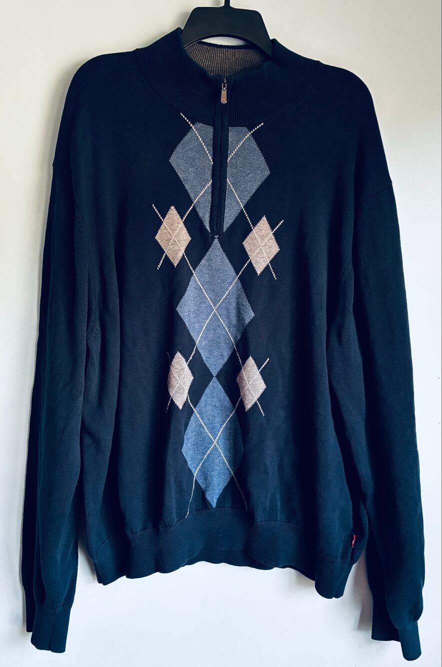 IZOD Quarter Zip Pullover Sweater Argyle Casual Fall Cottage XXL Cotton